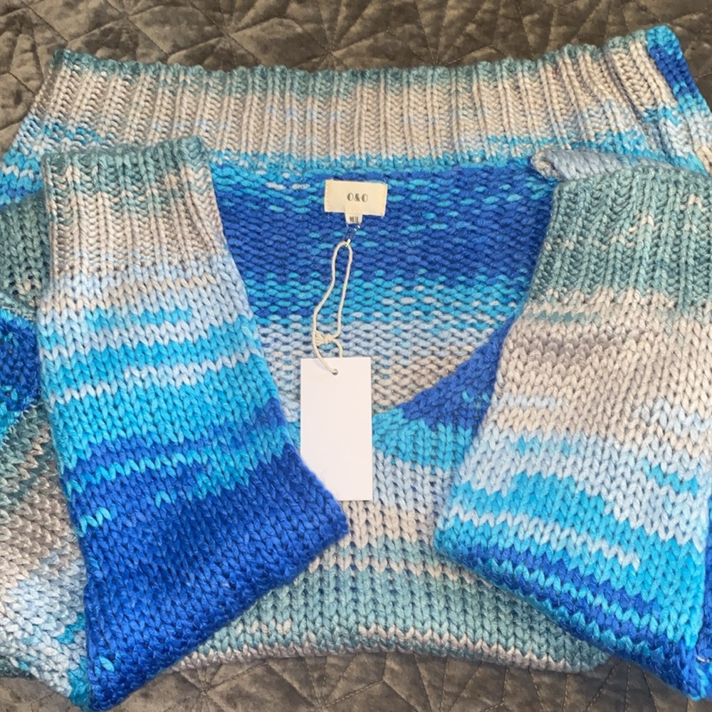 O&O Blue Multicolor Oversized Drop Shoulders Stripe Cable Knit Sweater Top NWT - Picture 8 of 13